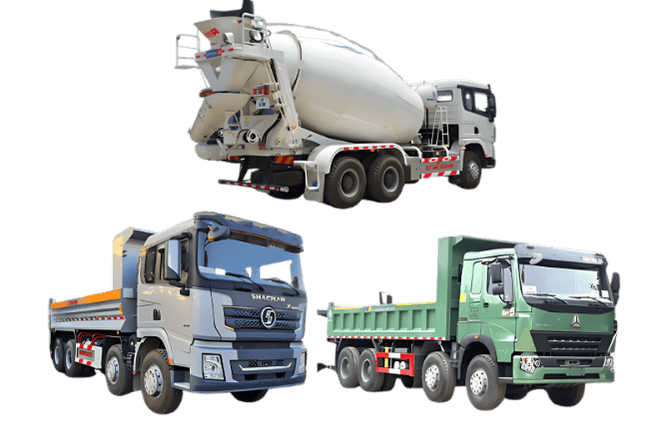 a group of trucks with a cement mixer